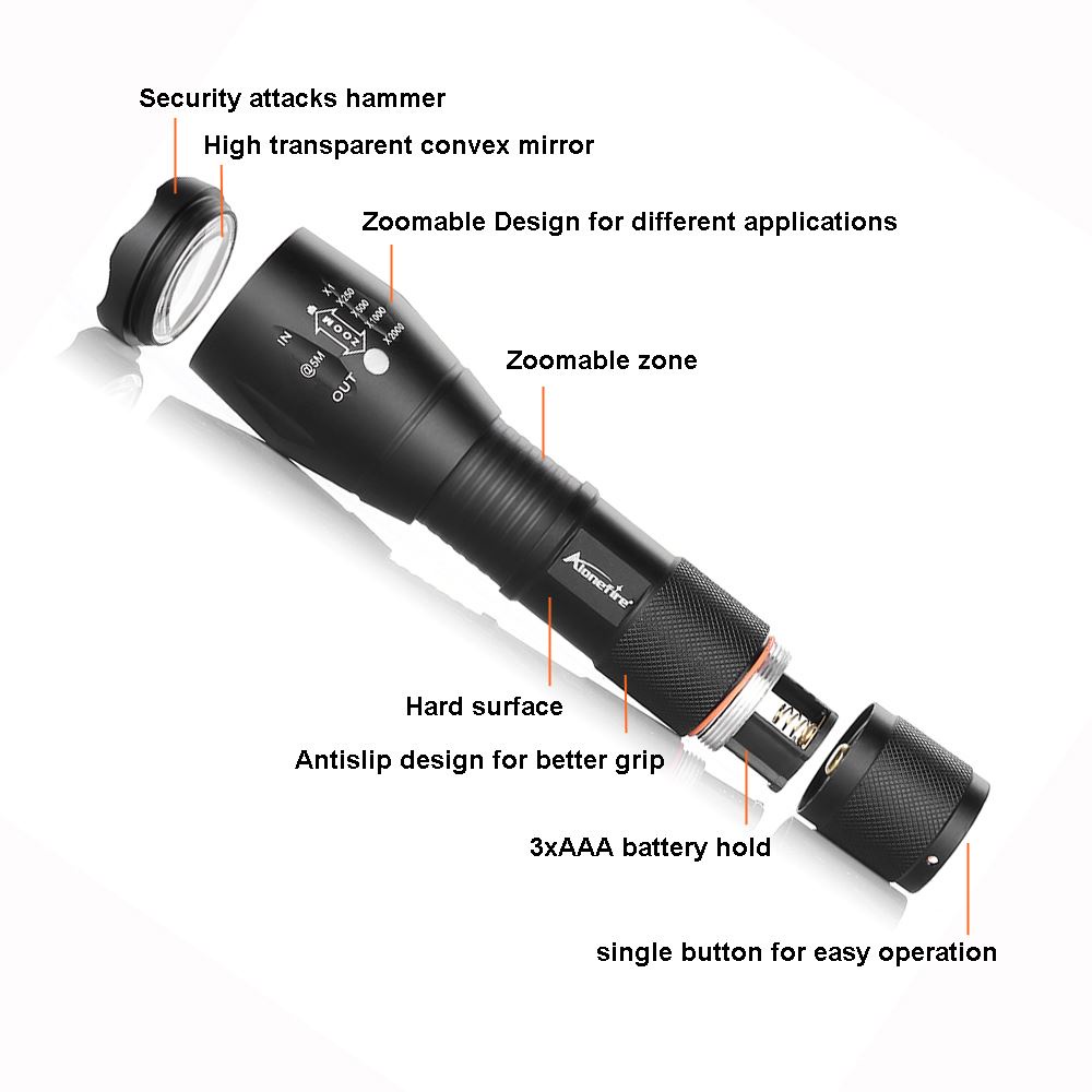 Đèn pin ALONEFIRE E17 3800 Lumen 18650 ánh sáng trắng / cam / vàng chống nước mang theo du lịch