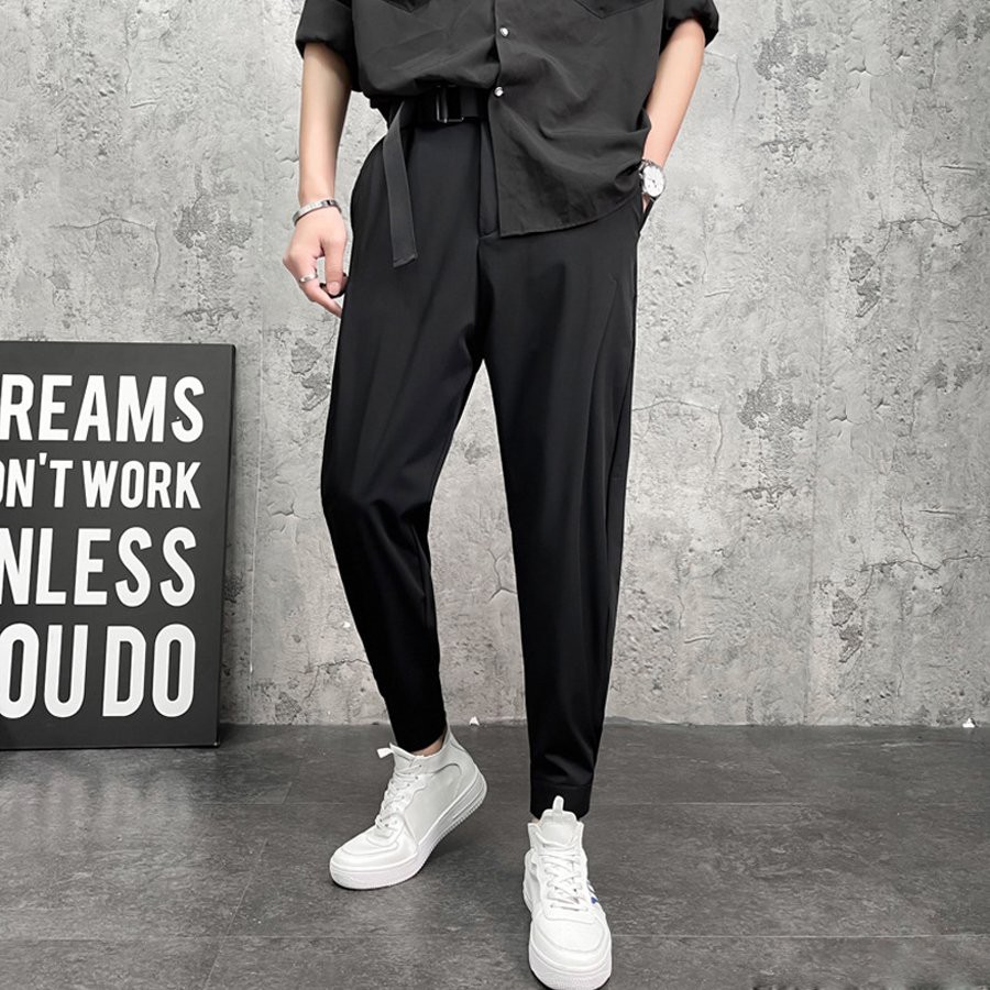 Quần Âu Nam Hàn Quốc Dáng Baggy Kèm Dây đai, lưng chun co giãn -Vải dày dặn- size 52-74kg