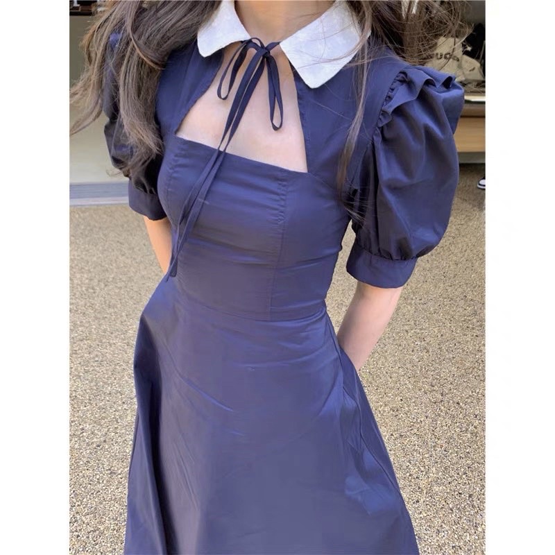 Váy phối cổ cut out bèo vai thắt dây cổ xinh vintage đủ size S M L Huyen hip