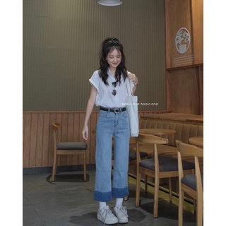 Quần jeans suông xắn gấu khác màu, quần jeans cạp cao xắn gấu cách điệu Bazic one