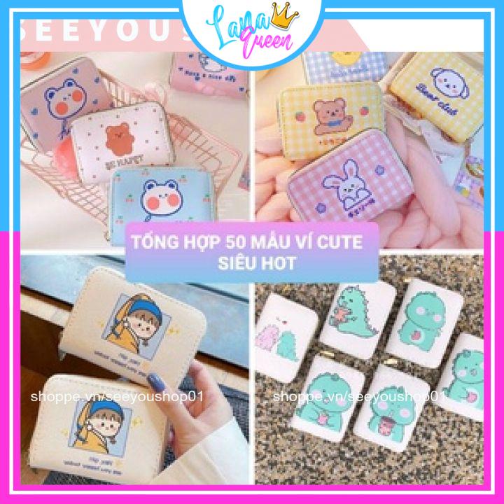 Ví mini khóa kéo ví gập gấp hình cô gái khủng long gấu thỏ cute đựng thẻ tiền