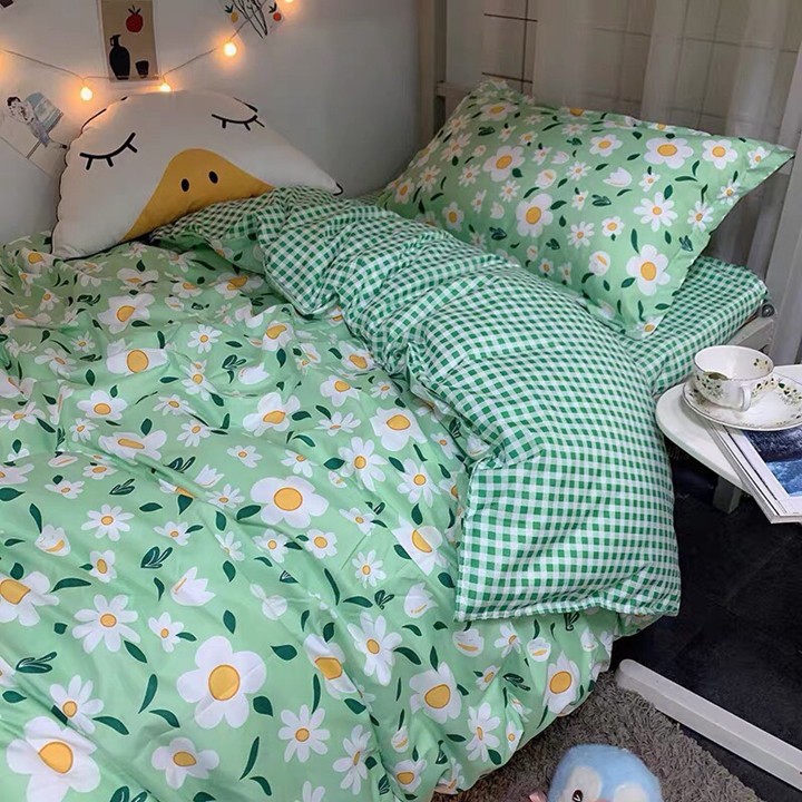 Bộ chăn ga gối drap giường chất cotton poly họa tiết bông nhí xanh
