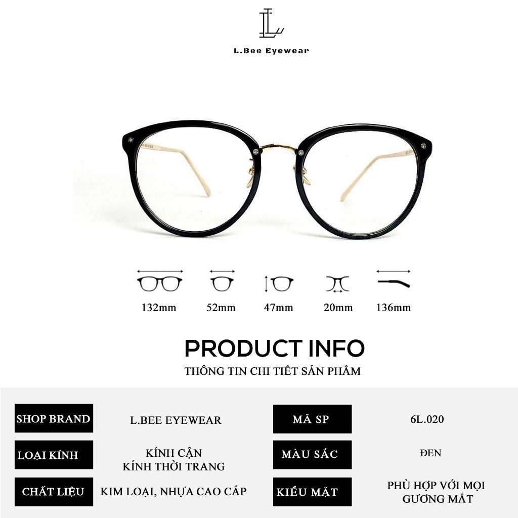 Gọng kính cận nữ thời trang L.BEE EYEWEAR, kính kim loại mắt mèo nhựa cao cấp MSP.60L.20