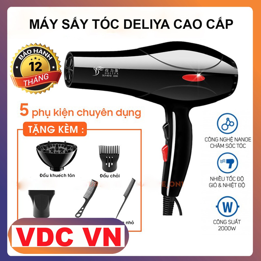 [SIÊU KHỎE]Máy sấy tóc tạo kiểu tặng kèm bộ 5 phụ kiện DELIYA , Có 2 chiều nóng lạnh - Công Suất Lớn 2200W-TAOBAOVDCVN