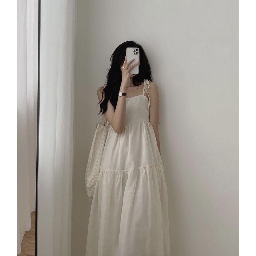 [Ảnh thật] Váy 2 dây babydoll voan tầng thắt nơ vai 2 lớp ulzzang - Đầm hai dây maxi dáng xòe 3 tầng