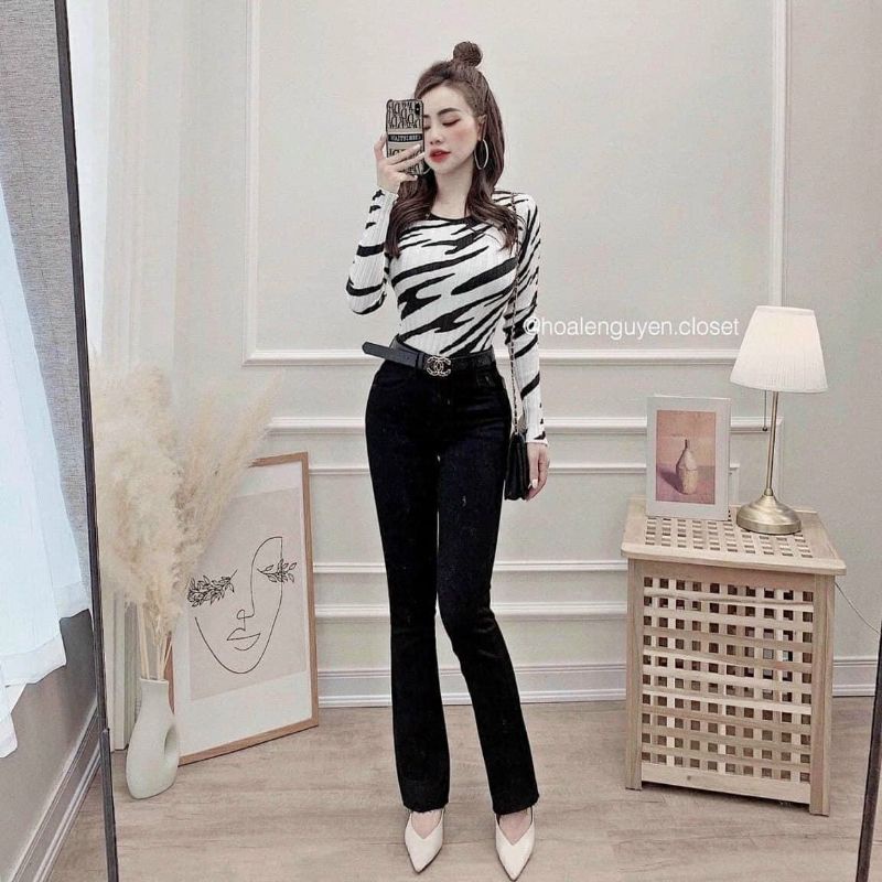 Quần bò ống vẩy loe cúc bụng cạp cao co dãn 4d siêu hách dángu