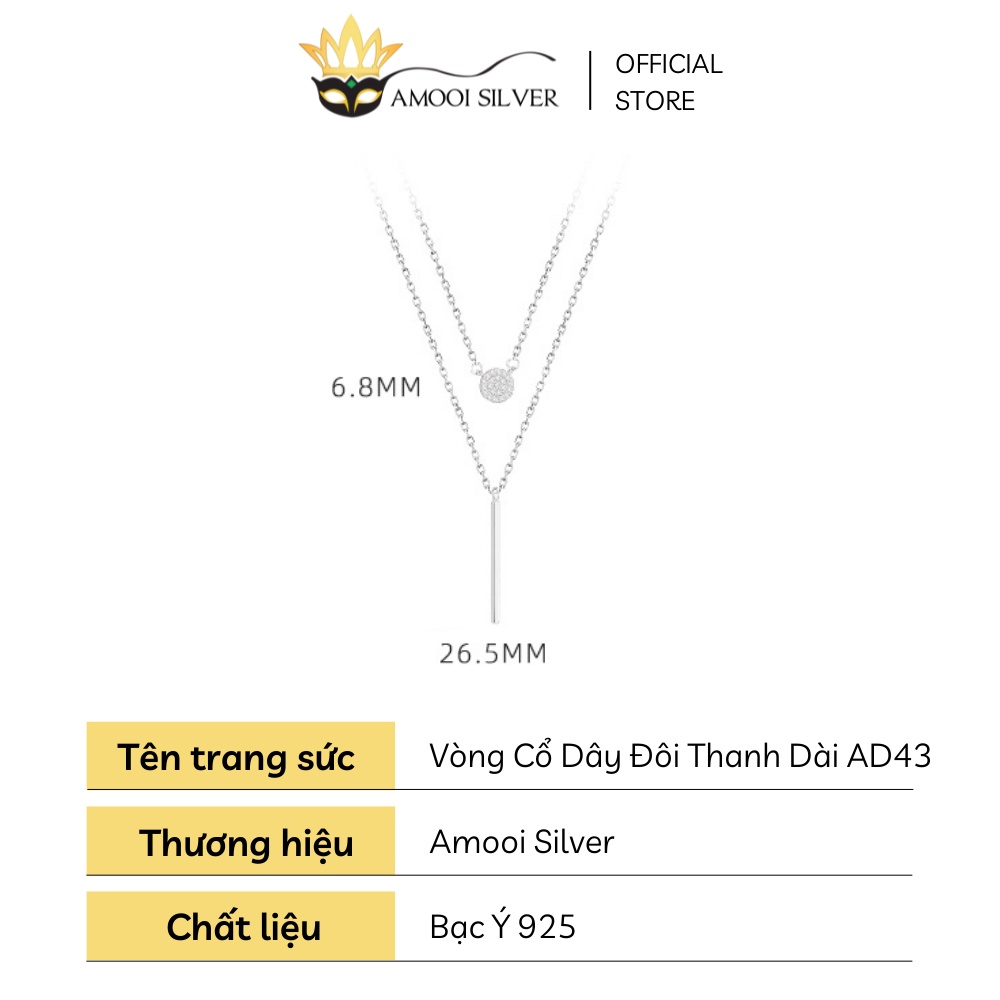 Vòng Cổ Bạc S925 Dây Đôi Thanh Dài Mặt Dây Chuyền Tròn Đính Đá - Amooi Silver AD43