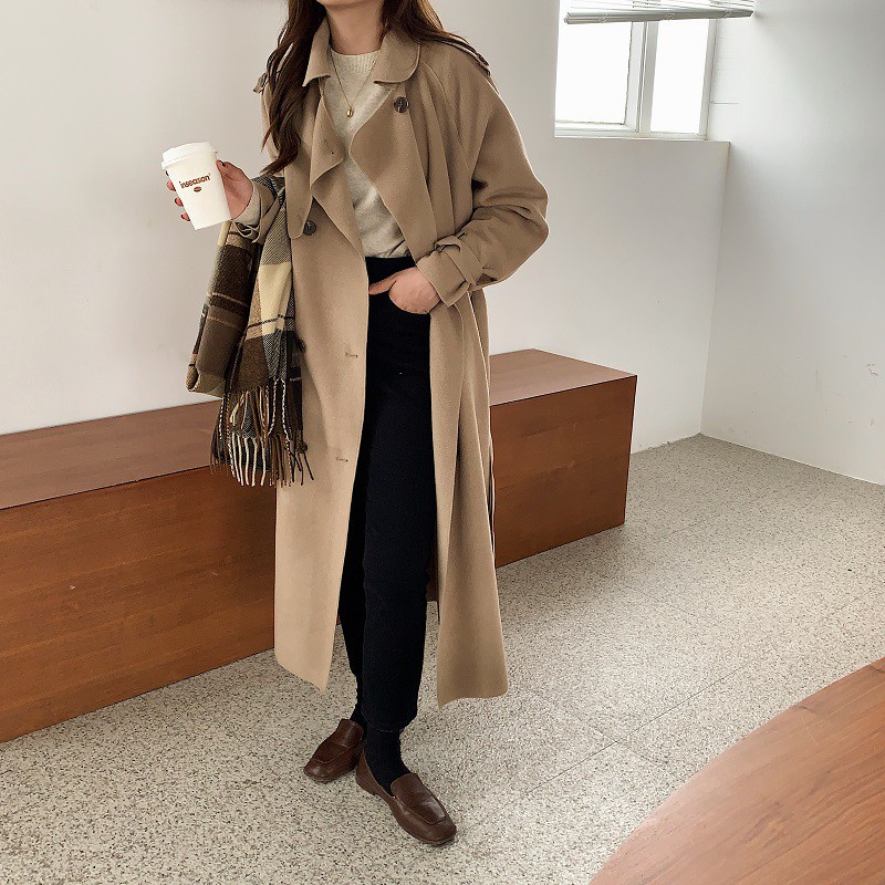 Áo khoác dạ len ép dáng dài phong cách Hàn quốc thu đông