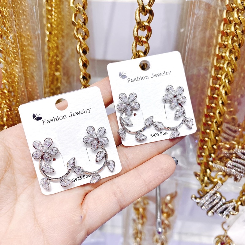 [xi bạc s925] KT074-khuyên đá hoa dáng dài
