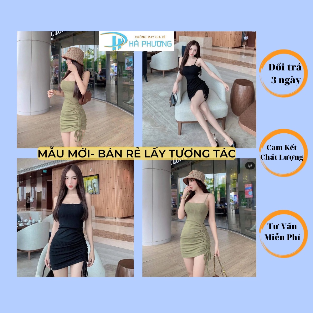 Đầm body 2 dây sexy chất thun gân dáng ôm 40kg-60kg, vay body xẻ tà rút dây hở lưng dự tiệc sang trọng màu đen xanh