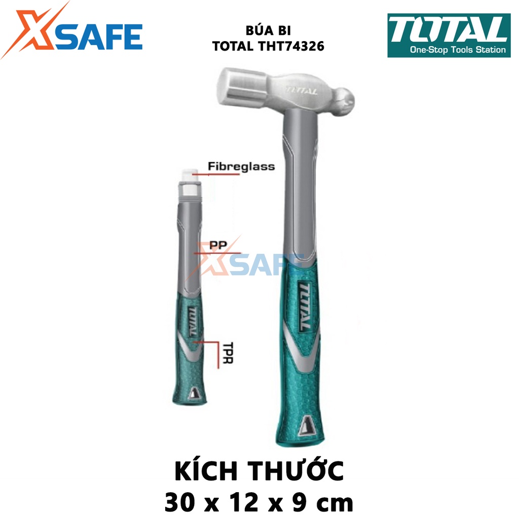 Búa đầu tròn TOTAL THT74326 900g Búa cầm tay đầu bi mini rèn nguyên khối carbon 45#, chịu nhiệt, tay cầm kiểu dáng mảnh