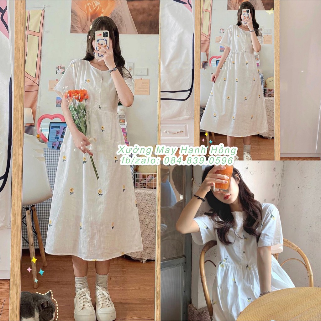 Váy babydoll hoa cúc ngắn tay Ulzzang, Váy hoa nhí dáng dài nữ