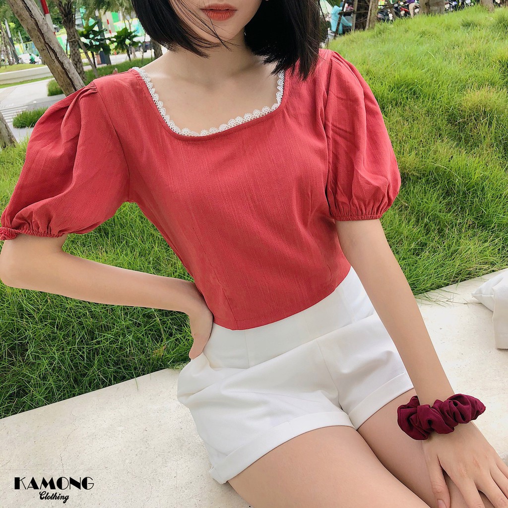 Áo croptop nơ lưng trắng phối ren KAMONG A075