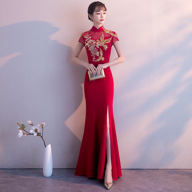 Đầm Sườn Xám Đuôi Cá Dáng Dài Thêu Họa Tiết Chim Phong Cách Cổ Điển Thanh Lịch Thời Trang 2023 Mới Cho Nữ