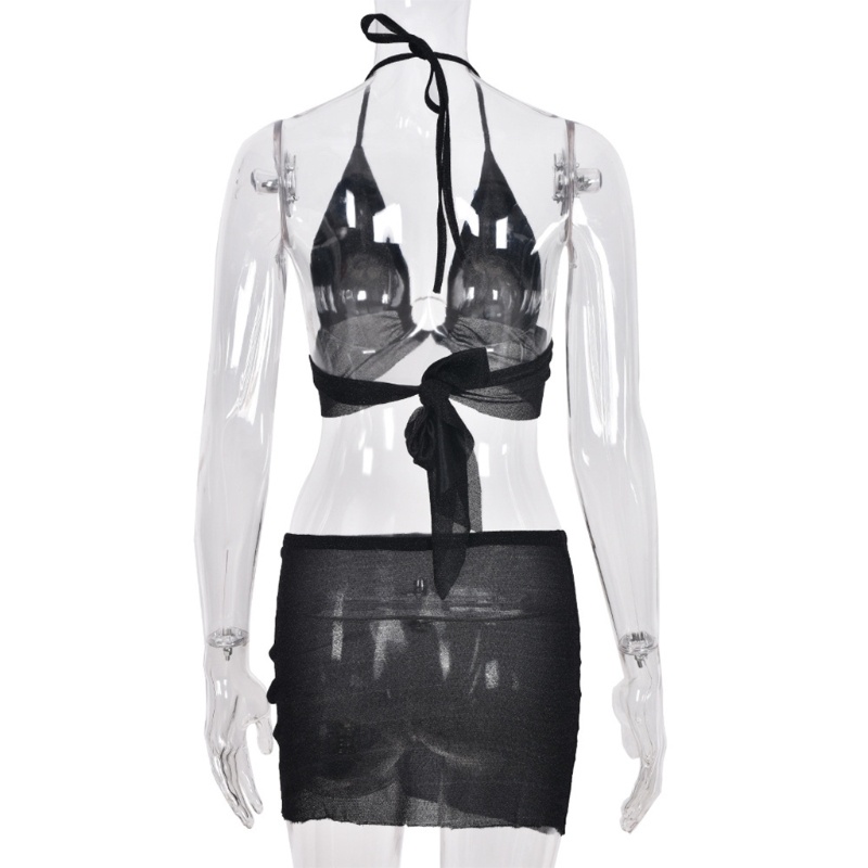 Set Đồ 2 Món Gồm Áo Cổ Chữ V Hở Lưng Phối Chân Váy Ngắn Lưng Cao Xẻ Tà Gợi Cảm Cho Nữ