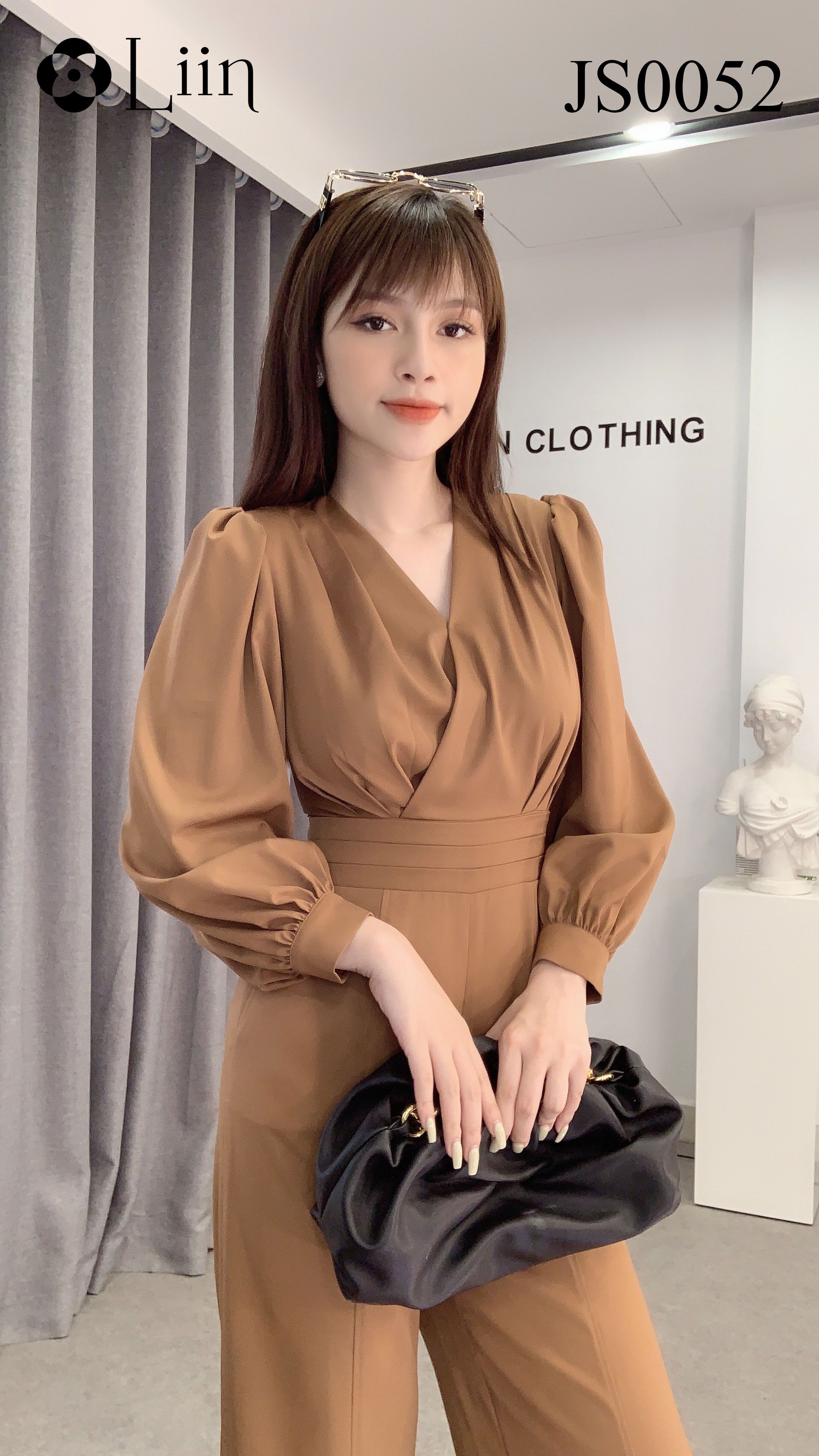 Jumsuit nữ màu Nâu dáng Dài thiết kế cổ V, ôm eo tôn dáng Liin Clothing JS0052