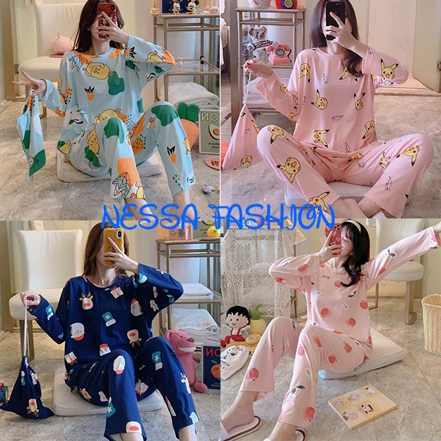 Bộ Đồ Ngủ Nữ Mặc Nhà Vải Co Giãn 4 Chiều - Quần Áo Dài Tay Váy Ở Nhà Mùa Xuân Thu Đông Dễ Thương Hàn Quốc Ảnh Thật+Video