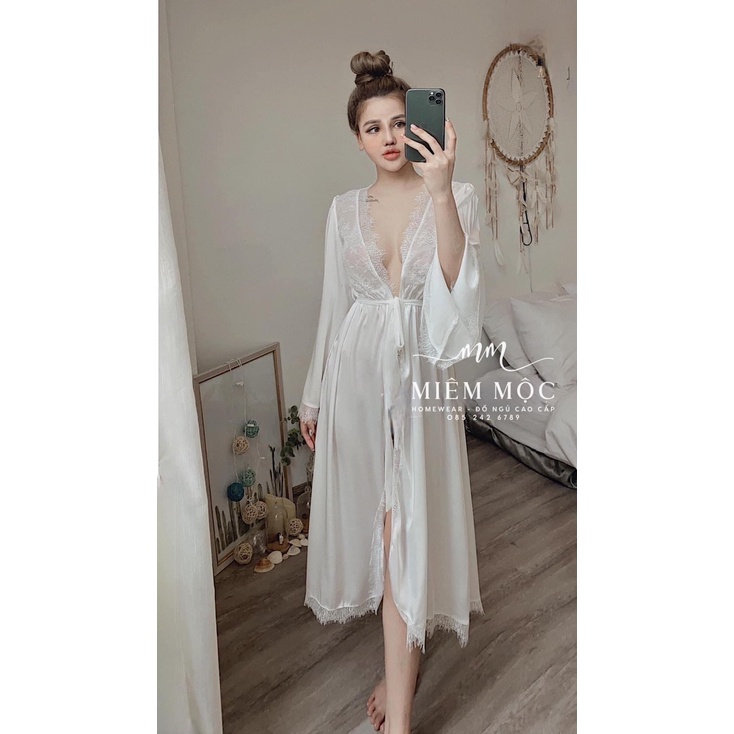 Set váy ngủ lụa satin phối ren dáng dài kèm choàng dáng dài tay lỡ MIEMMOC hàng chuẩn QCCC Muối Sleepwear