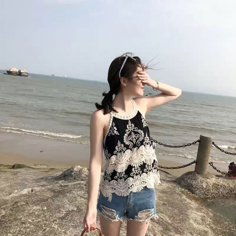 Áo Hai Dây Thêu Hoa Phối Ren Rỗng Phong Cách Harajuku Thời Trang Mùa Hè Cho Nữ