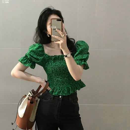 QADCOL Áo Kiểu Tay Phồng Cổ Vuông In Họa Tiết Da Báo Màu Xanh Lá Phong Cách Hàn Quốc