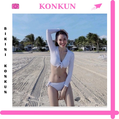 Bikini nữ đồ bơi đi biển 2 mảnh tay dài cột nơ KONKUN MS55