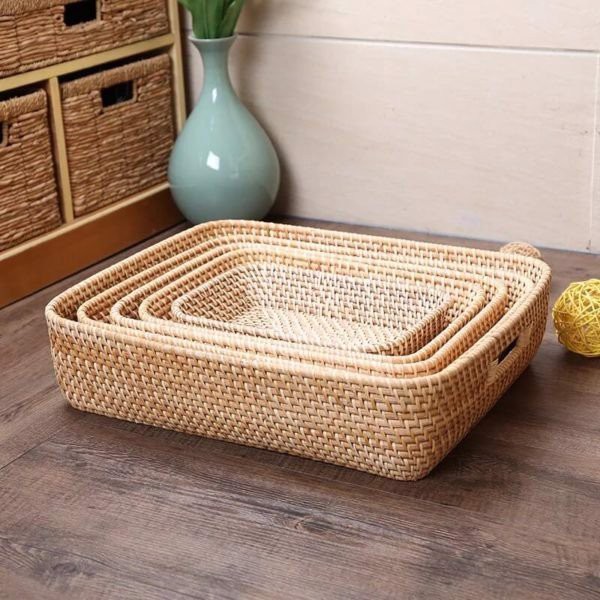 Khay mây đan thủ công BAMBOOO ECO vát đáy đa năng đựng ấm trà bánh mỳ màu sắc tự nhiên