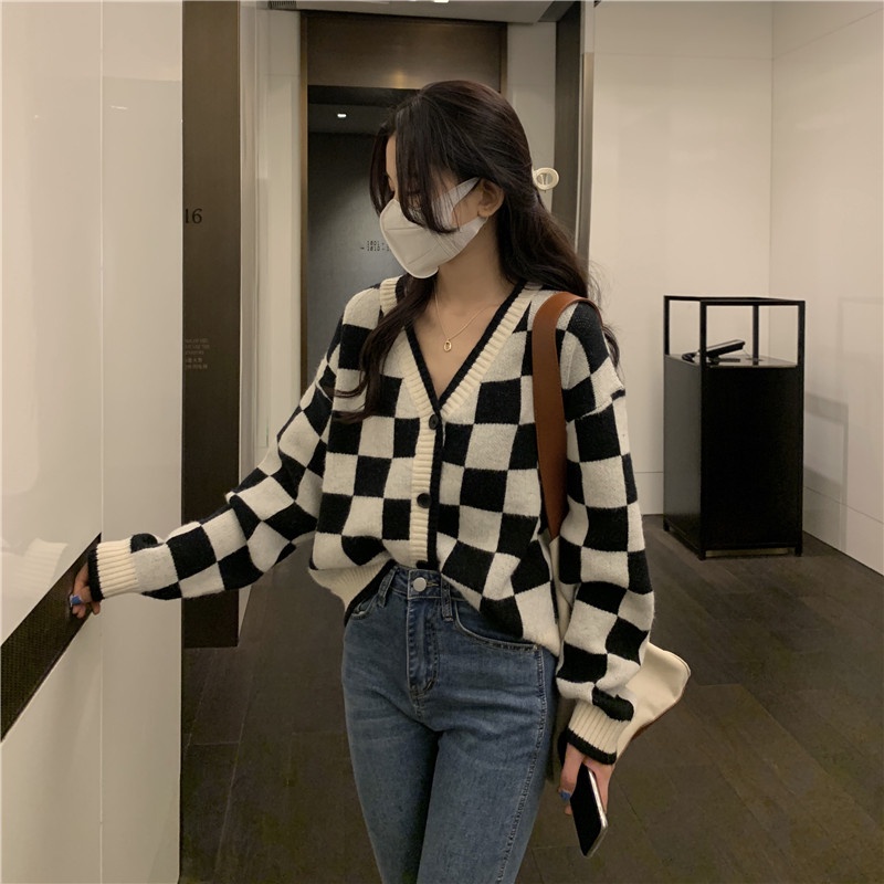 Áo khoác cardigan cổ chữ V dáng rộng thời trang Hàn Quốc