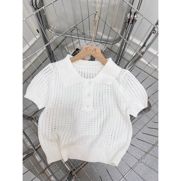 Áo len lỗ cổ đức bo gấu màu trắng duy nhất, dáng áo len polo