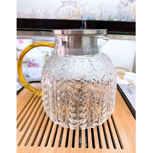 Bình thủy tinh đựng nước chịu nhiệt lên tới 400 độ C vân nhám bông lúa dáng lùn