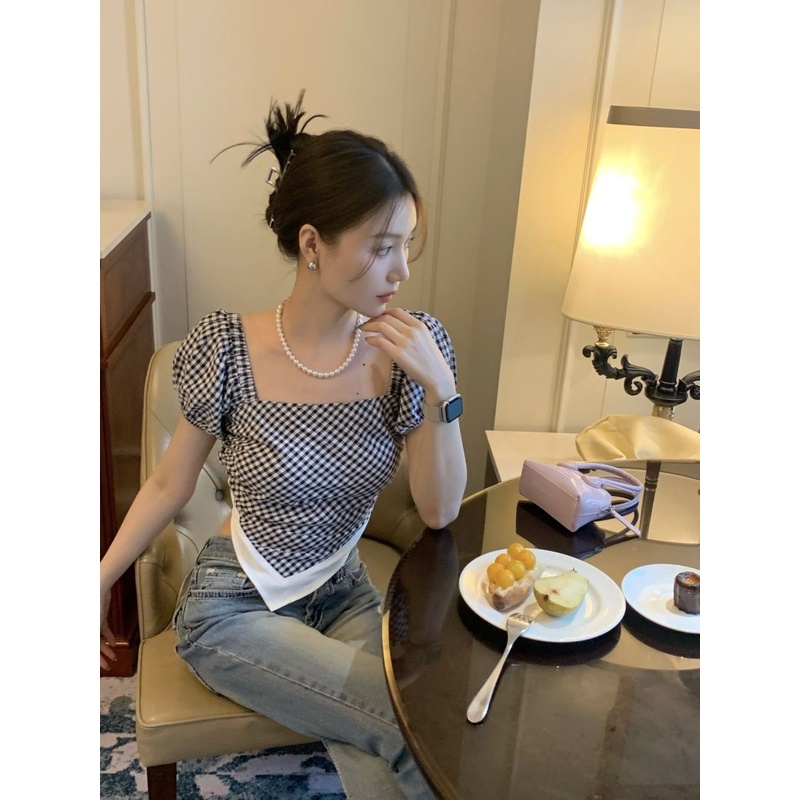 Áo Sơ Mi Tay Phồng Cổ Vuông Họa Tiết Kẻ Sọc Dễ Phối Đồ Thời Trang Mùa Hè Cho Nữ
