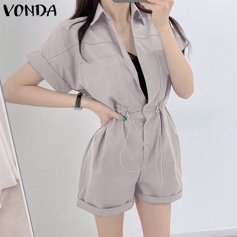 Áo liền quần VONDA tay ngắn màu trơn cài nút thời trang mùa hè Hàn Quốc cho nữ