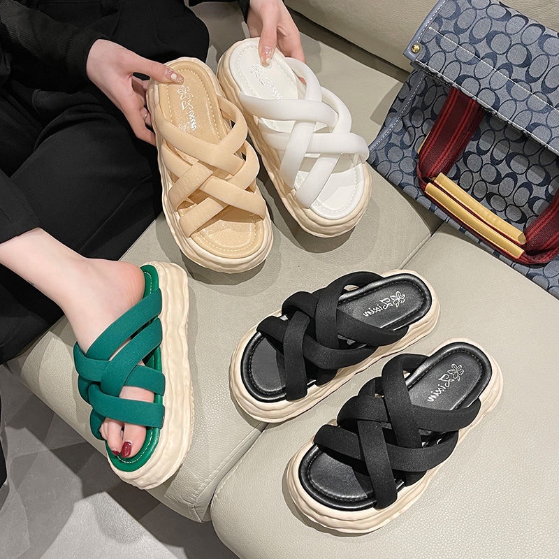 Oeggeo shop Dép Đế Dày Quai Chéo Màu Xanh Lá Cây Cho Nữ
