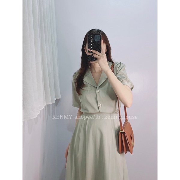 Set áo cổ vest kèm chân váy dài S40