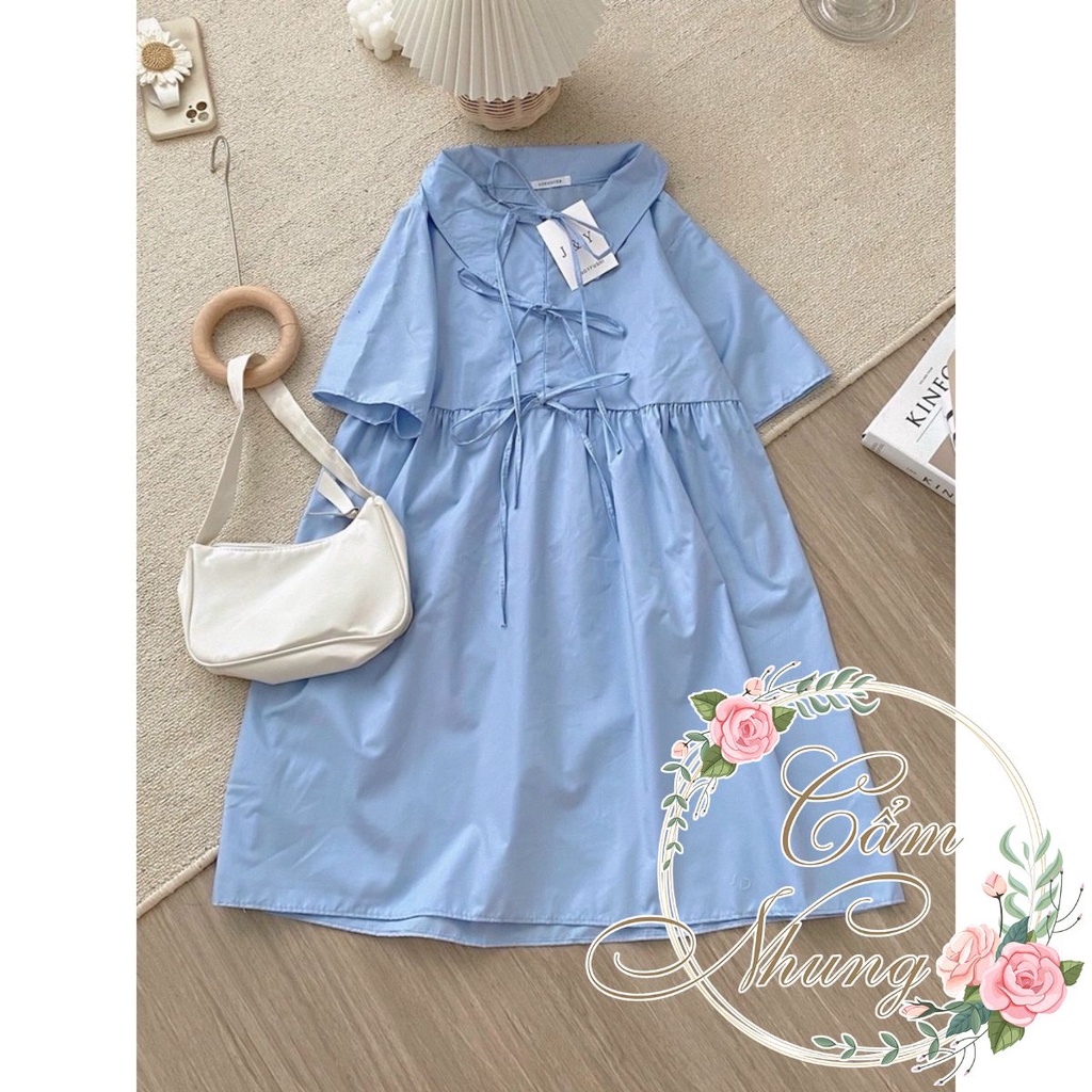 Váy Babydoll Xanh 3 Nơ CAMNHUNG - Váy cộc tay dáng xòe tiểu thư phong cách hàn quốc