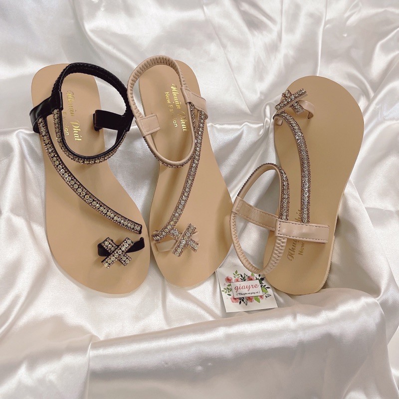 Sandal xỏ ngón X viền đá đế mặt tẩy hậu thun