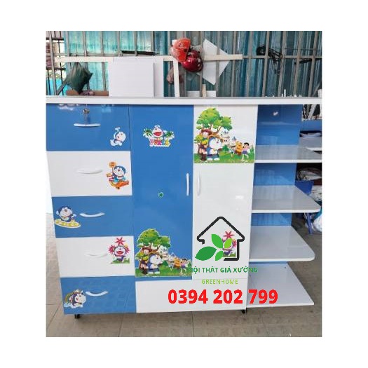 Tủ nhựa đài loan kệ ngoài trắng xanh doremon cho bé