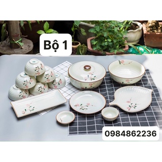 Bộ bát đĩa hoa đào hồng men kem Bát Tràng