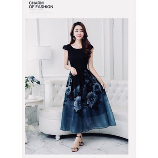 Đầm maxi hoa cổ tròn sang chảnh QC