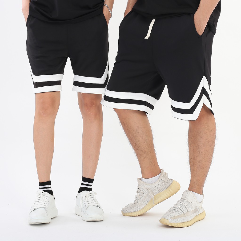 Quần short 2V Đen form rộng thể thao vải thun unisex nam nữ