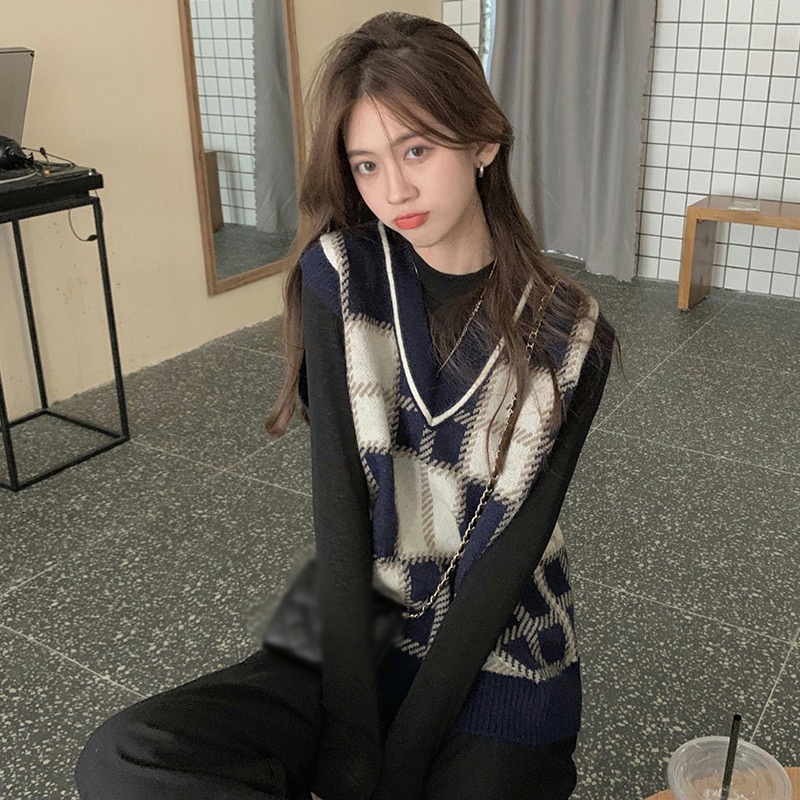 Áo len không tay cổ chữ V họa tiết sọc caro thời trang cho nữ