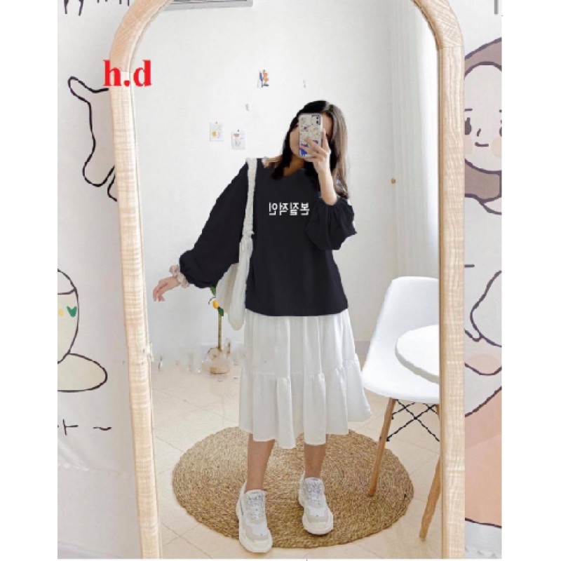 set áo thun dài tay chữ Hàn + chân váy trắng xoè tầng HĐ58