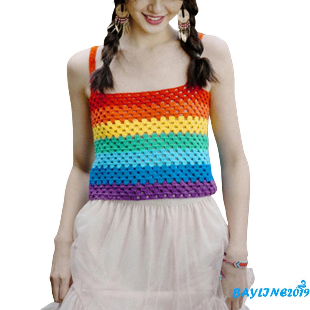 Áo Tank Top Đan Móc Thủ Công Hai Dây Màu Sắc Tương Phản Thời Trang Mùa Hè Cho Nữ