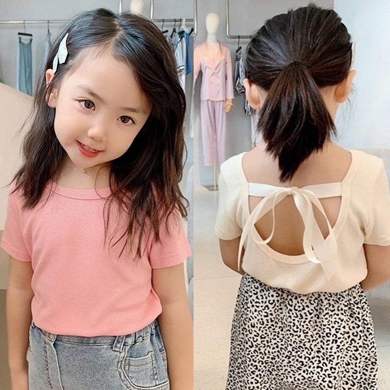 Áo Thun Hở Lưng Có Gắn Nơ Dễ Thương Cho Bé Gái 3-8 Tuổi