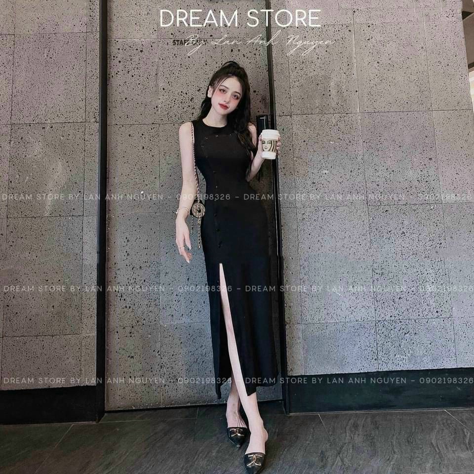 Đầm nữ thời trang mặc đi tiệc chất thun gân cổ tròn váy maxi body xẻ trước thời thượng