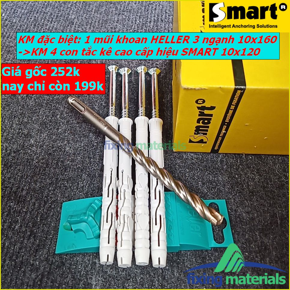 KM đặc biệt: Mũi khoan HELLER 3 ngạnh 10x160 tặng 4 con tắc kê cao cấp M10x120 kèm vít hiệu SMART, nhập khẩu EU