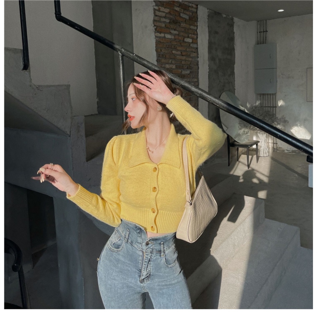 Áo cardigan ZHELIHANGFEI dệt kim tay dài cổ bẻ dáng ôm eo cao kiểu Pháp quyến rũ