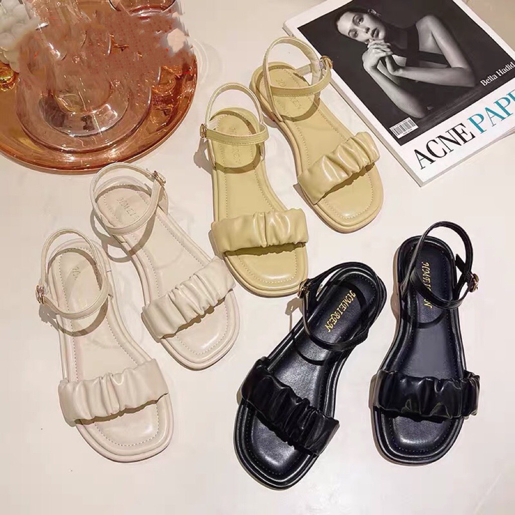Giày Sandal nữ cao gót 2p phối xếp ly cực xinh trẻ trung, Giày quai hậu nữ xăng-đan mẫu mới cực dễ phối đồ full size