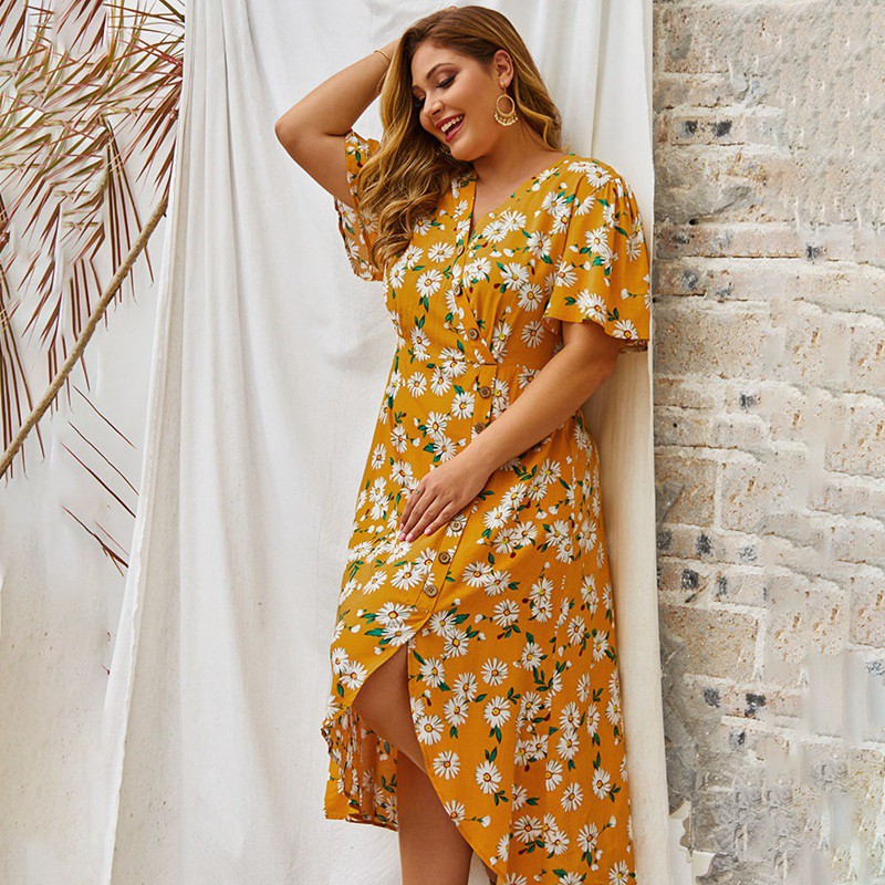 Summer Beach Floral Dress Women Long Dress Ladies Elegant Party Dress Print Oversized Dresses for Women Yellow XL