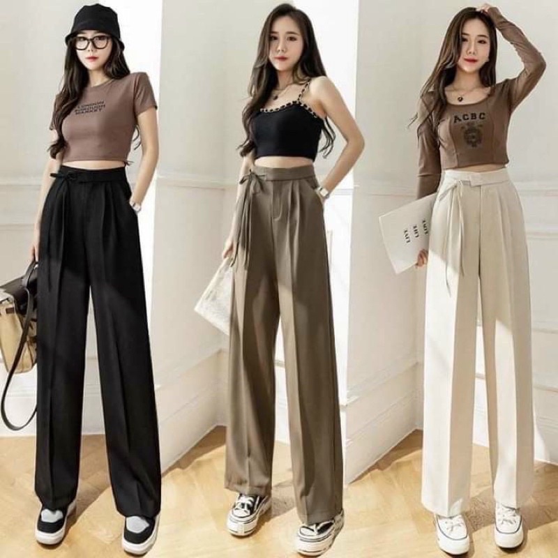 Quần suông ống rộng cạp cao thắt nơ
