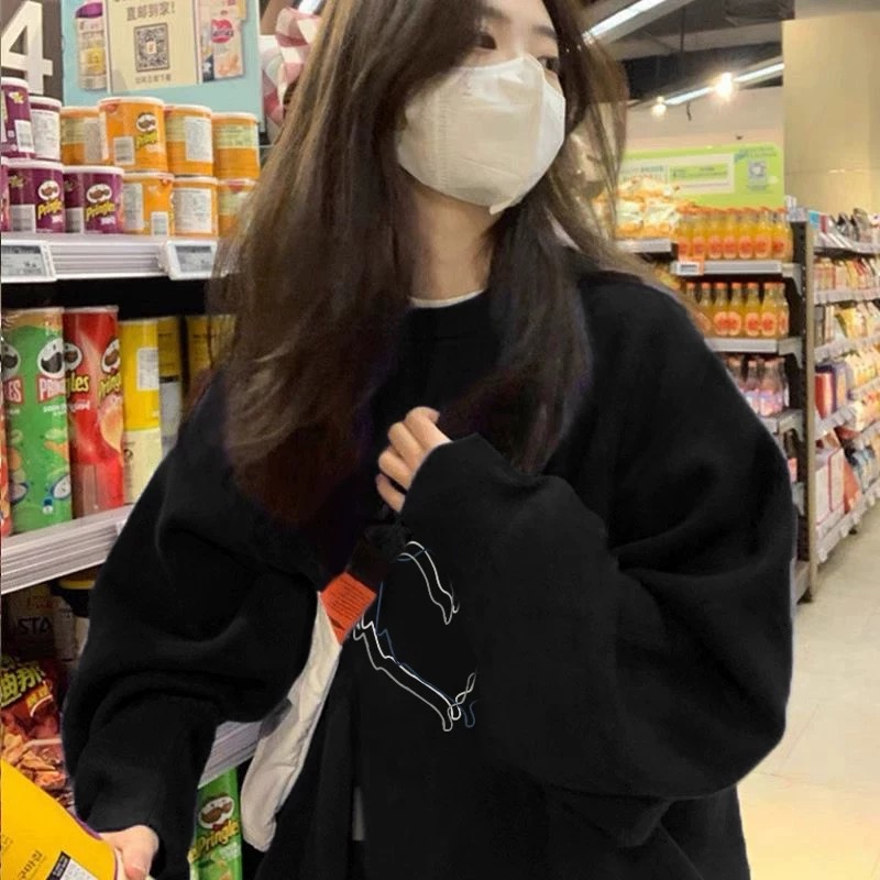 Áo sweater ZHELIHANGFEI tay dài dáng rộng họa tiết in theo phong cách preppy độc đáo